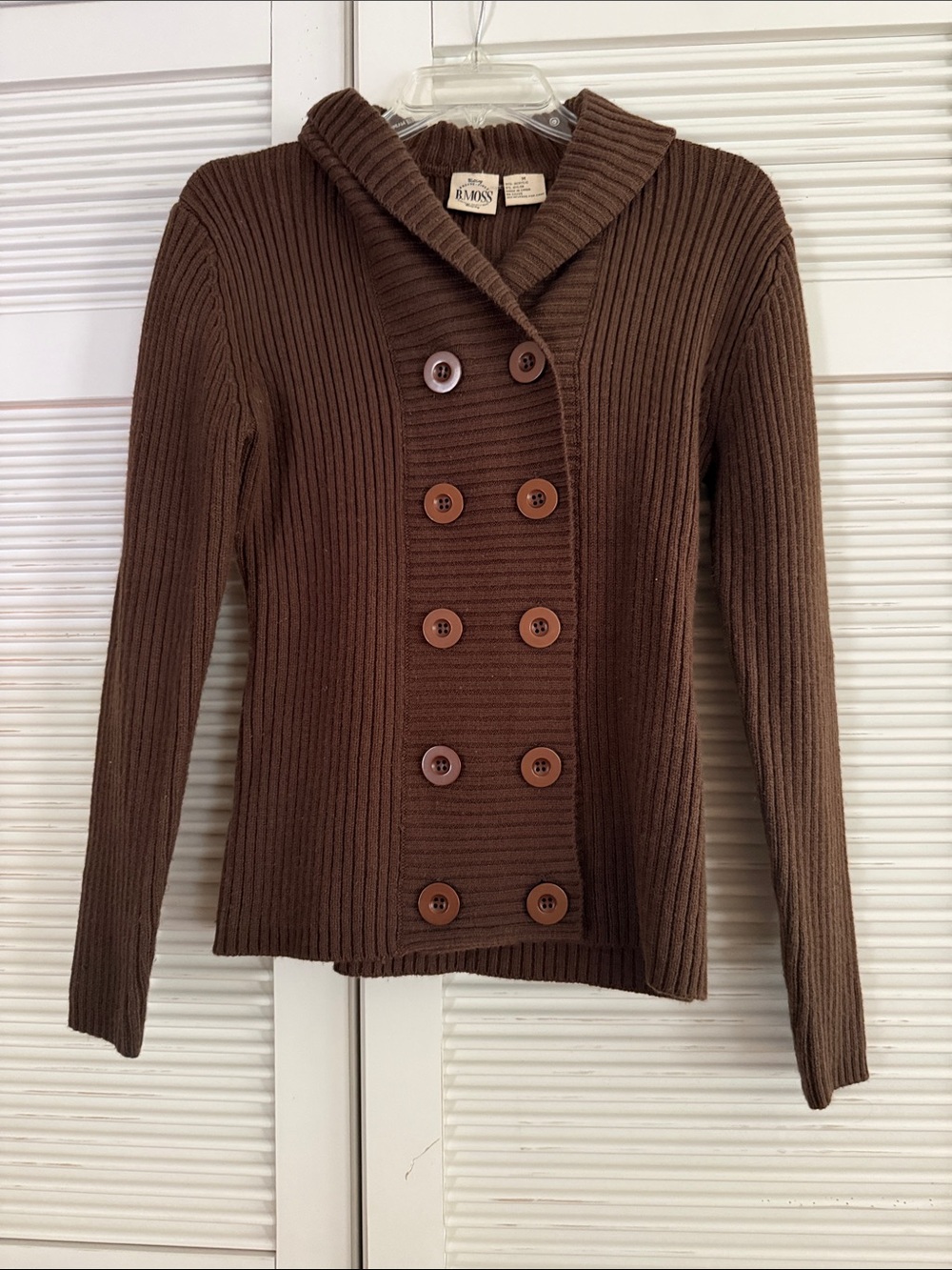 B.MOSS  Brown Double-Breasted Ribbed Hooded Cardigan Sweater